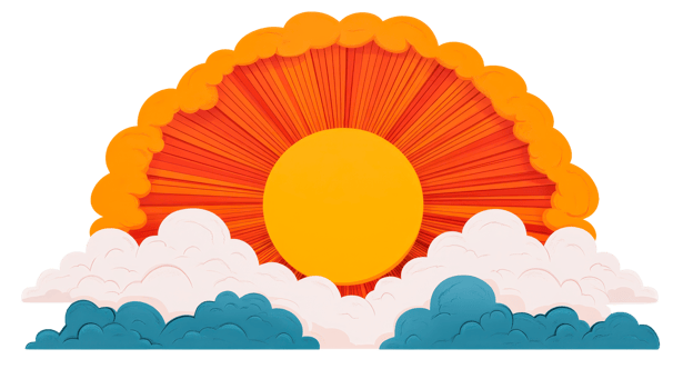 Sun illustration with clouds and sky, bright colors, cartoon style, cut out transparent png