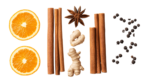 Orange, cinnamon, ginger, anise, pepper ingredients, cut out transparent png