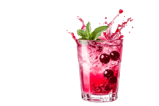 Summer cocktail with cherries and splash, refreshment idea, cut out transparent png