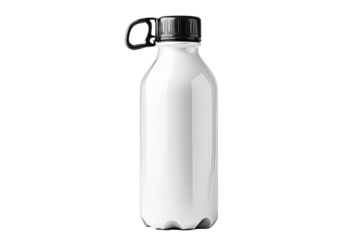Insulated white bottle with a handle against black background, cut out transparent png