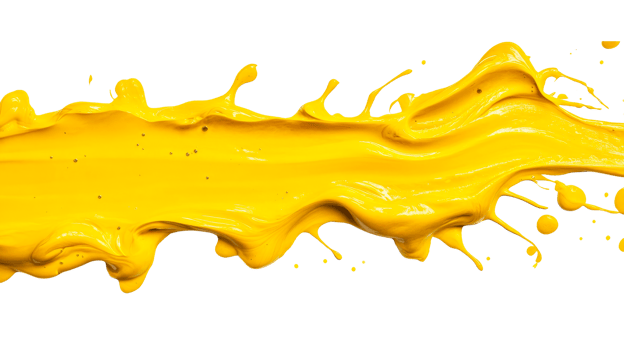 Bright yellow paint splash against black background, cut out transparent png