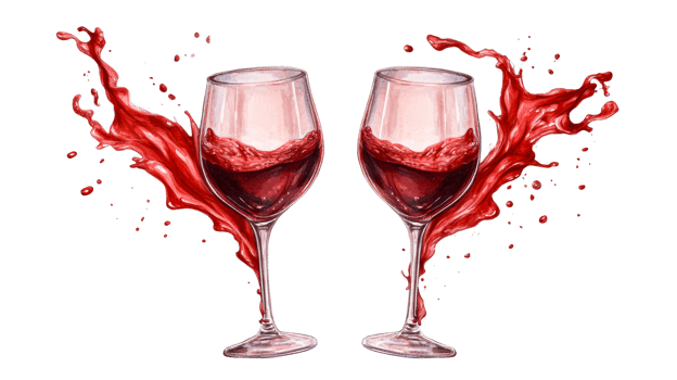 Wine glasses splashing with red liquid, isolated, cut out transparent png