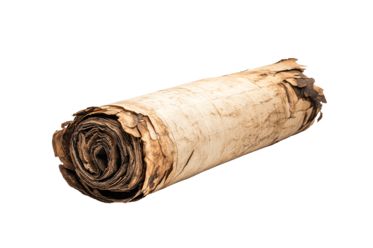 Ancient rolled parchment scroll, paper manuscript, isolated, cut out transparent png