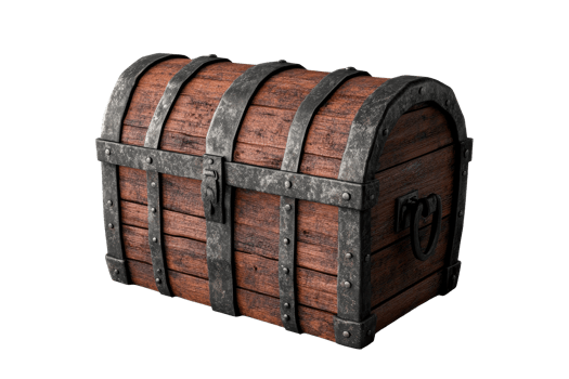 Wooden treasure chest with metal straps and ornate handle, cut out transparent png