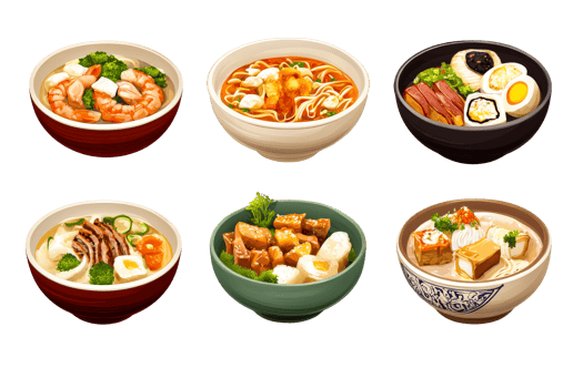 Diverse Bowls of Asian Soups and Dishes, cut out transparent png