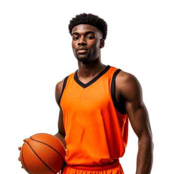 Basketball player with ball, orange uniform, muscular, isolated, serious, cut out transparent png
