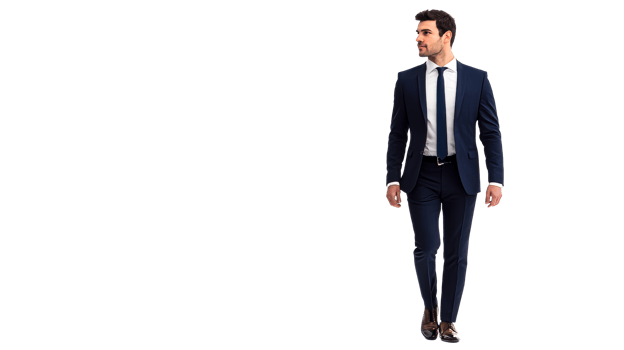 Handsome man in dark formal suit walking, looking away, cut out transparent png