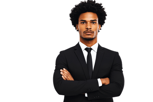 Serious man in suit with folded arms, isolated on black, cut out transparent png