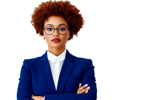 Confident businesswoman in blue suit with arms crossed, cut out transparent png