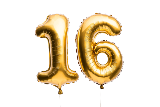 Golden sixteen number balloons, anniversary celebration, party decor, cut out transparent png