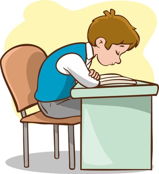child exhibits bad body posture while reading book at desk, inviting discomfort and possible health problems. student character hunched over, neck tense, shoulders slumped vector