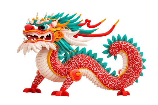 Playful Asian dragon with red and turquoise colors, cut out transparent png