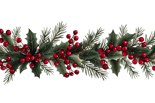 Christmas holly berry fir leaf decor, border, illustration, cut out transparent png