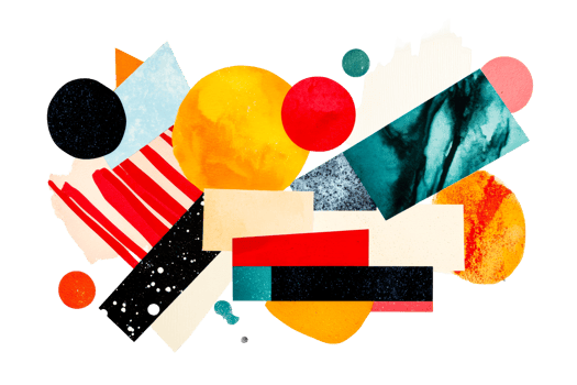 Bright collage of geometric shapes with mixed textures, cut out transparent png