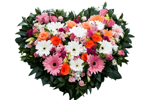 Heart shaped floral arrangement with roses, gerberas, leaves, cut out transparent png