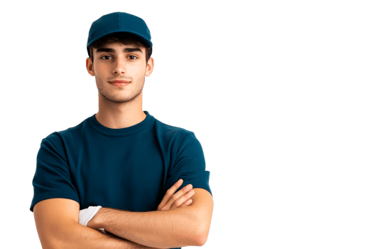 Young worker in uniform with crossed arms, portrait , cut out transparent png