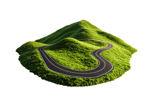 Winding road, mountain, green grass, nature, terrain, isolated object, cut out transparent png