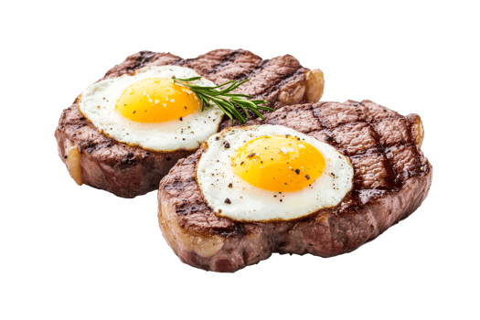 Delicious steak with egg garnish, culinary perfection, cut out transparent png