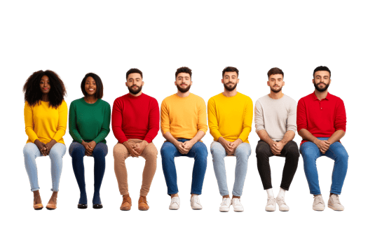 Group of diverse people sitting side by side, smiling, cut out transparent png