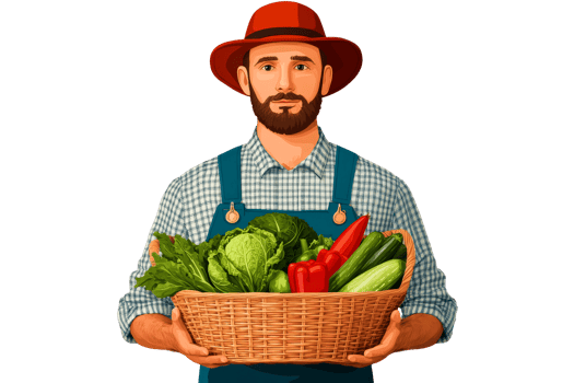 Farmer holding a basket of fresh vegetables and red hat, cut out transparent png