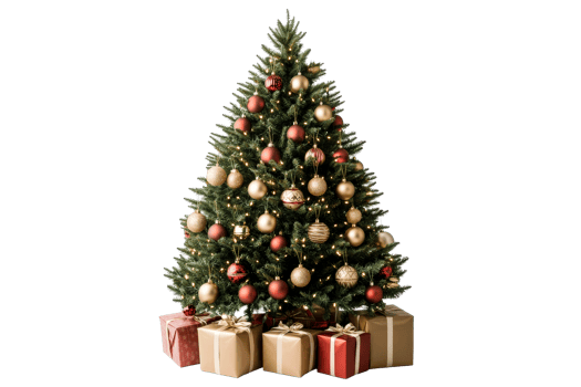 Christmas Tree with Ornaments and Gifts against Black Background, cut out transparent png