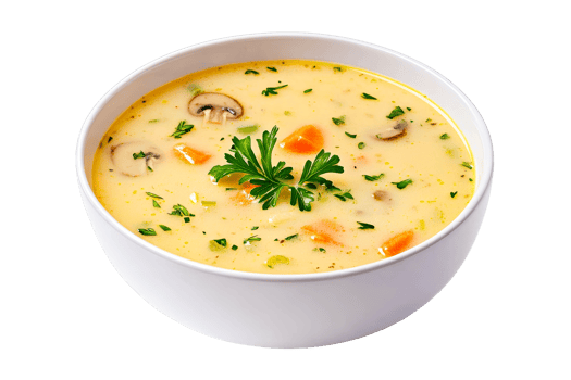 Creamy mushroom soup with carrots and parsley, cut out transparent png