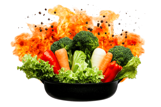 Mixed fresh vegetables on fire cooking dish, cut out transparent png