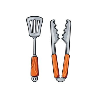 barbecue spatula and tongs color cartoon illustration vector