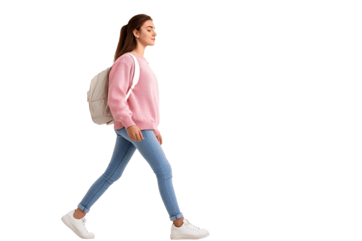 Female student strides forward in casual wear, cut out transparent png