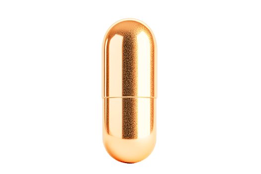 Glossy golden capsule isolated on black, cut out transparent png