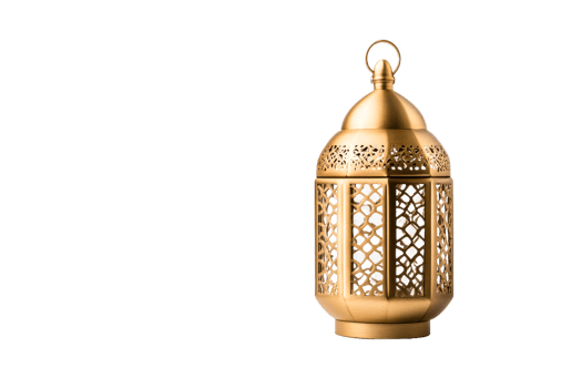 Gold lantern with lattice pattern on black background, cut out transparent png