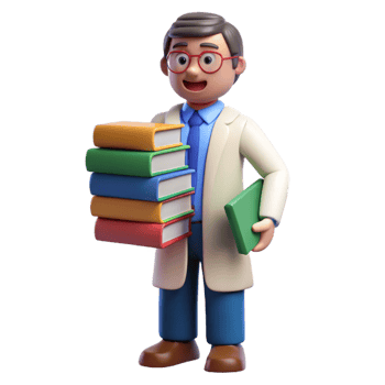 dramatic creative Professor with stack of books, premium png
