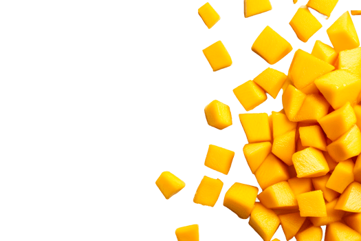 Fresh mango cubes on dark background, tropical fruit , cut out transparent png