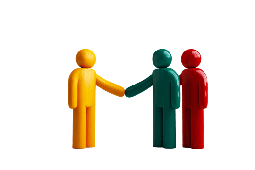 Wooden figurines handshake, three figures, agreement, cooperation, cut out transparent png