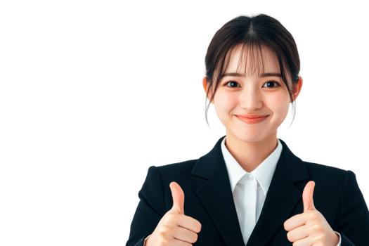Woman in formal suit gives a thumbs up sign with both hands, cut out transparent png