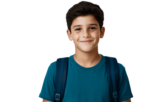 Schoolboy with backpack smiling at camera, cut out transparent png