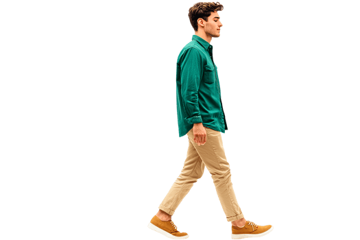 Man in green shirt, khaki pants walking in profile, cut out transparent png