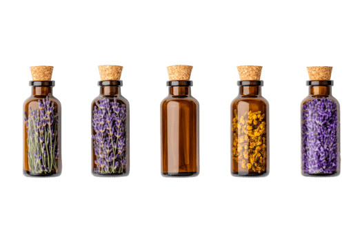 Amber bottles filled with herbs and flowers , cut out transparent png