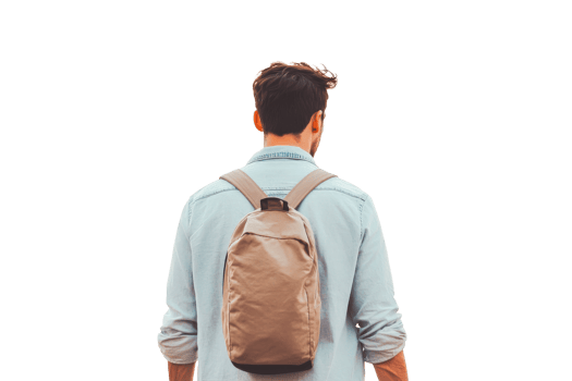 Man with backpack on back, casual style, studio shot, cut out transparent png