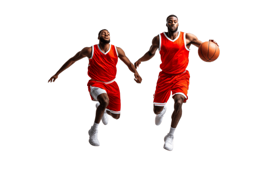 Two athletes play basketball, teamwork concept, active lifestyle, cut out transparent png