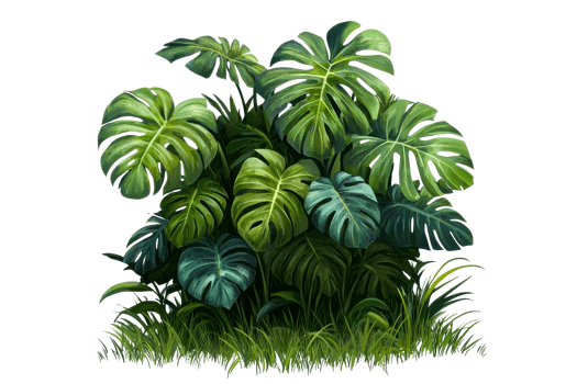 Lush green Monstera plant with grass, foliage, isolated, cut out transparent png