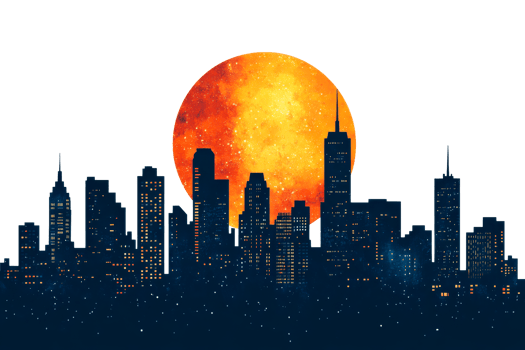 Cityscape Silhouette with an Orange Moon, cut out transparent png