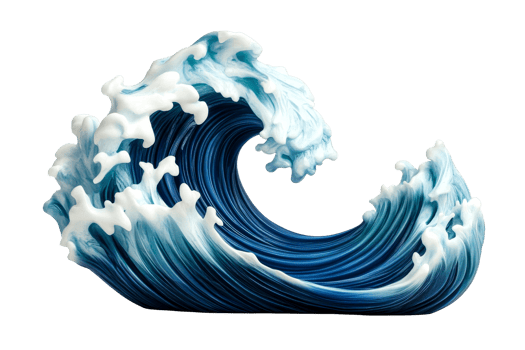 Sculpted ocean wave cresting with foam, detailed carving, cut out transparent png