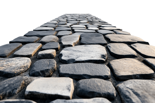 Cobblestone road, ancient pathway, stone blocks, black background, cut out transparent png