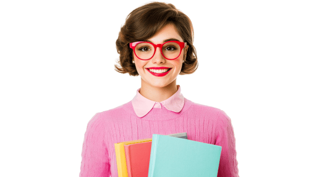 Nerd girl smiling holds books, isolated on black, cut out transparent png