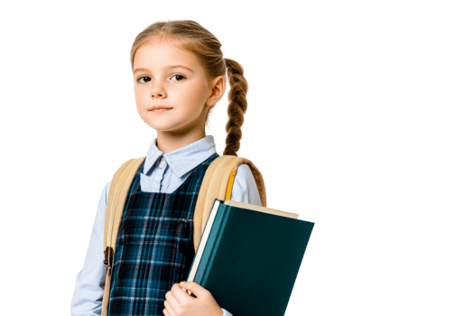Schoolgirl with book in uniform, isolated on background, cut out transparent png