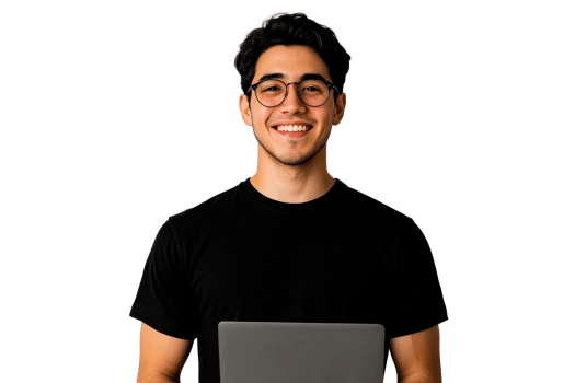 Man with glasses holding laptop and smiling, cut out transparent png