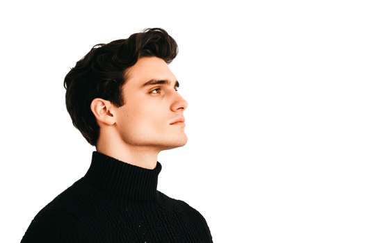 Attractive thoughtful guy looking up in black turtleneck, cut out transparent png