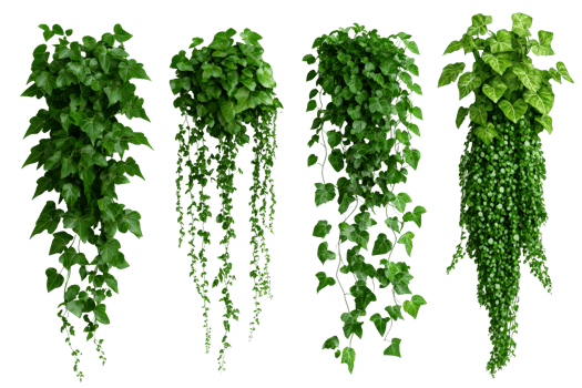 Variety of Hanging Ivy Plants on Black Background, cut out transparent png