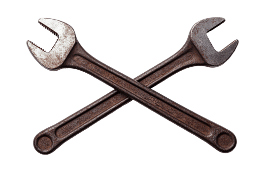 Crossed vintage rusty wrenches isolated on black background, cut out transparent png